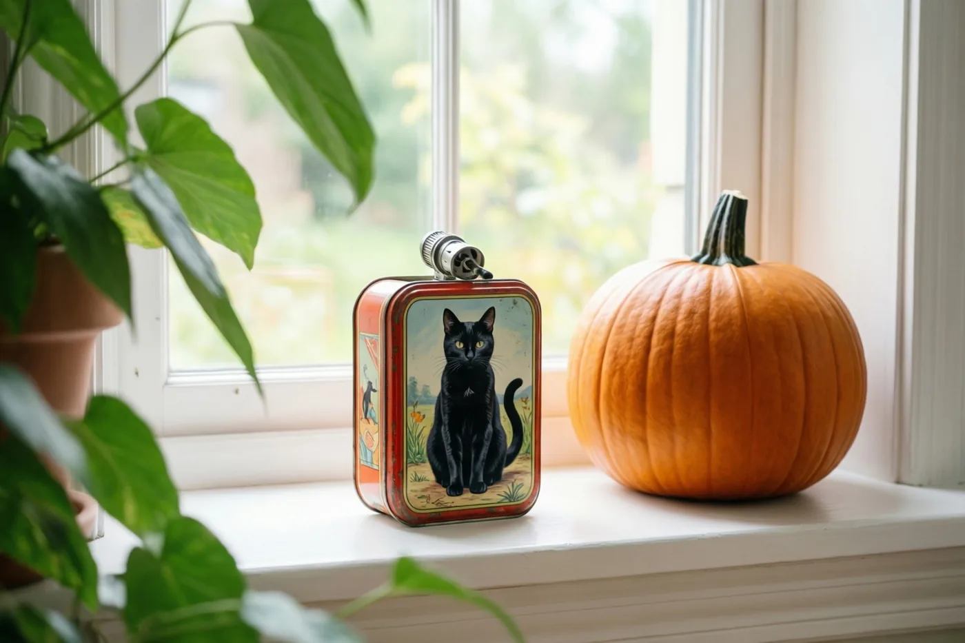 Een blikken rammelaar in retrostijl met een afbeelding van een zwarte kat staat naast een grote oranje pompoen op een witte vensterbank, met links wat groen blad in zacht daglicht.