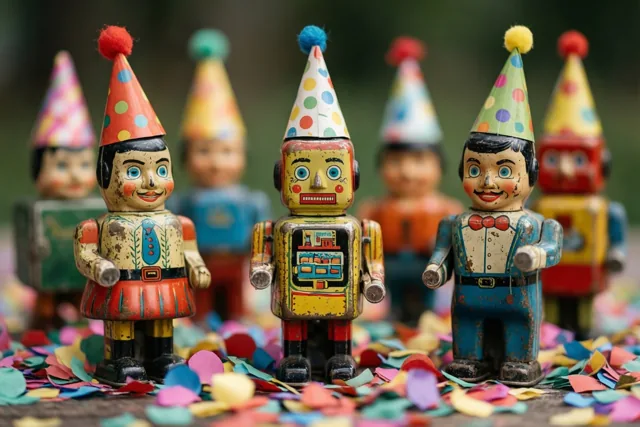 Oud blikken speelgoed, waaronder een robot en clownfiguren, staat buiten met kleurrijke papieren feesthoedjes tussen confetti, tegen een onscherpe natuurlijke achtergrond.