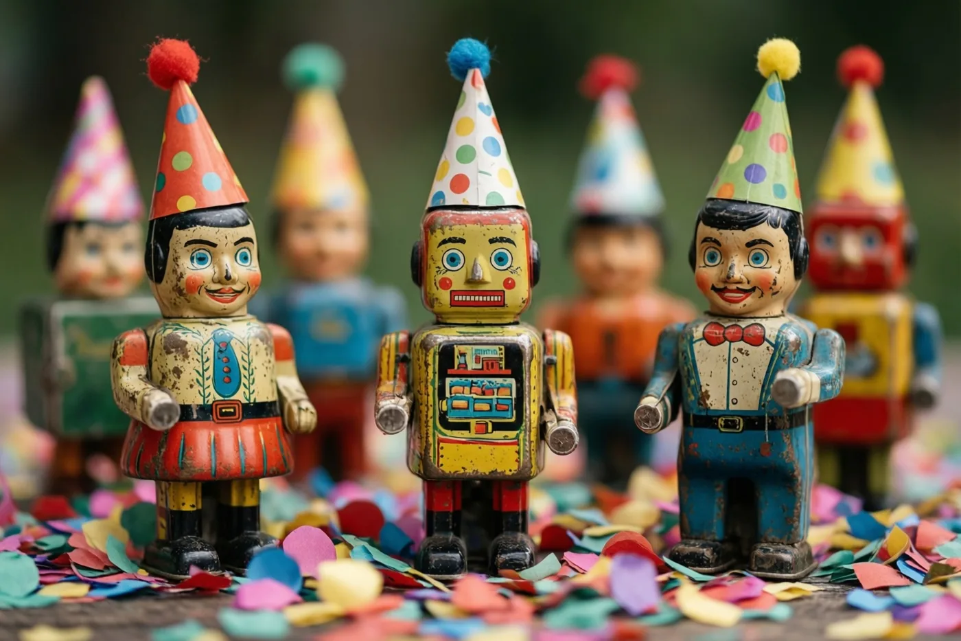 Oud blikken speelgoed, waaronder een robot en clownfiguren, staat buiten met kleurrijke papieren feesthoedjes tussen confetti, tegen een onscherpe natuurlijke achtergrond.