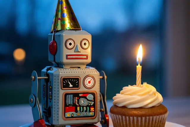 De retrorobot viert je verjaardag