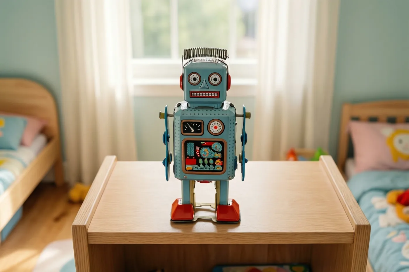 Een oude blikken opwindrobot staat op een houten plank in een zonnige kinderkamer met lichtblauwe, rode en natuurlijke houttinten.