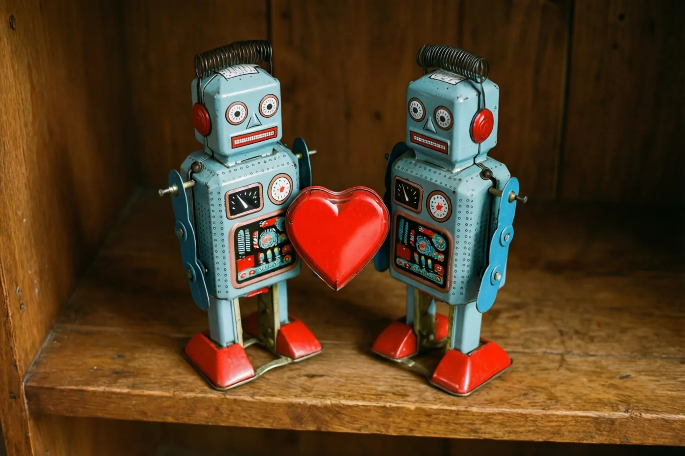 Twee blikken speelgoedrobots in lichtblauw en rood staan tegenover elkaar op een houten plank en houden samen een rood blikken hart vast.