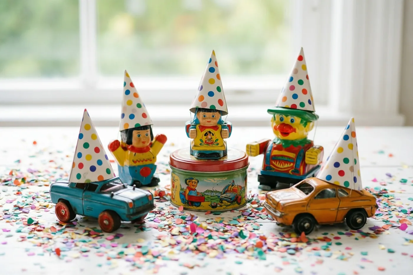 Oude blikken clowns en speelgoedauto's met gestippelde feesthoedjes staan op een wit oppervlak vol kleurrijke confetti bij een raam met zacht daglicht.