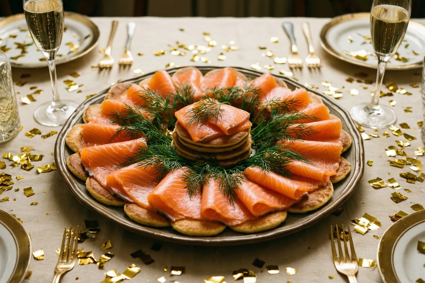 Een schaal met blini's, gerookte zalm en dille staat op een tafel met gouden confetti, champagneglazen en gedekte plaatsen met gouden vorken.