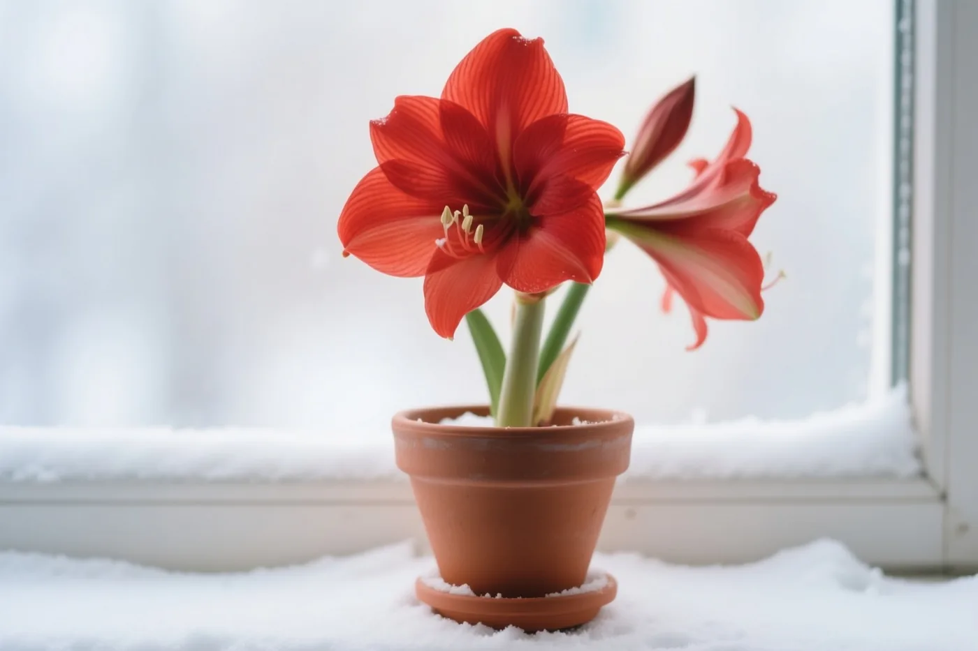 Een felrode amaryllis in volle bloei staat in een terracotta pot op een besneeuwde vensterbank, voor een helder onscherp raam.