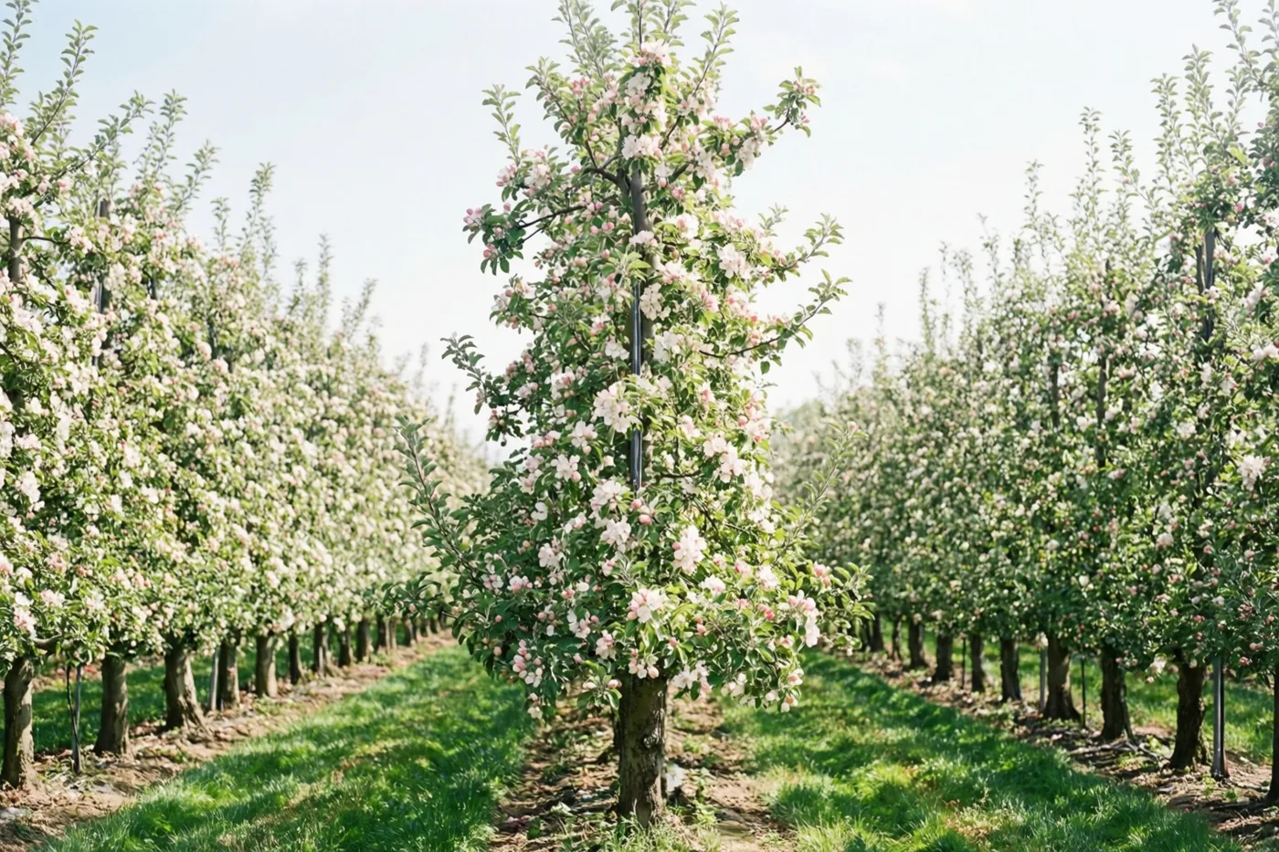 Rijen bloeiende appelbomen met groen blad en witroze bloemen staan in een boomgaard onder een heldere hemel.