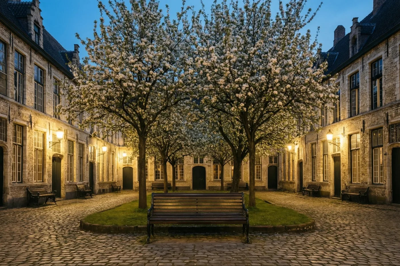 Op een binnenplaats met kasseien staat een houten bank tussen bloeiende bomen en historische stenen gebouwen met warme verlichting onder een blauwe schemerhemel.