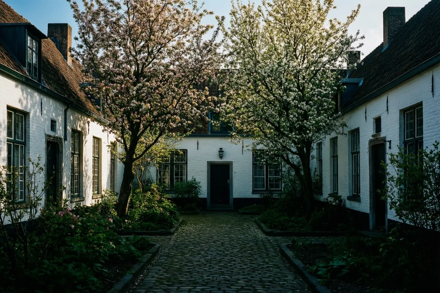 Een kasseipad loopt tussen witte huizen en bloeiende bomen op een rustige binnenplaats in zacht natuurlijk licht.