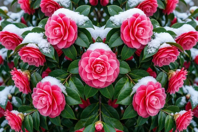 Roze camelia's fleuren de winter op