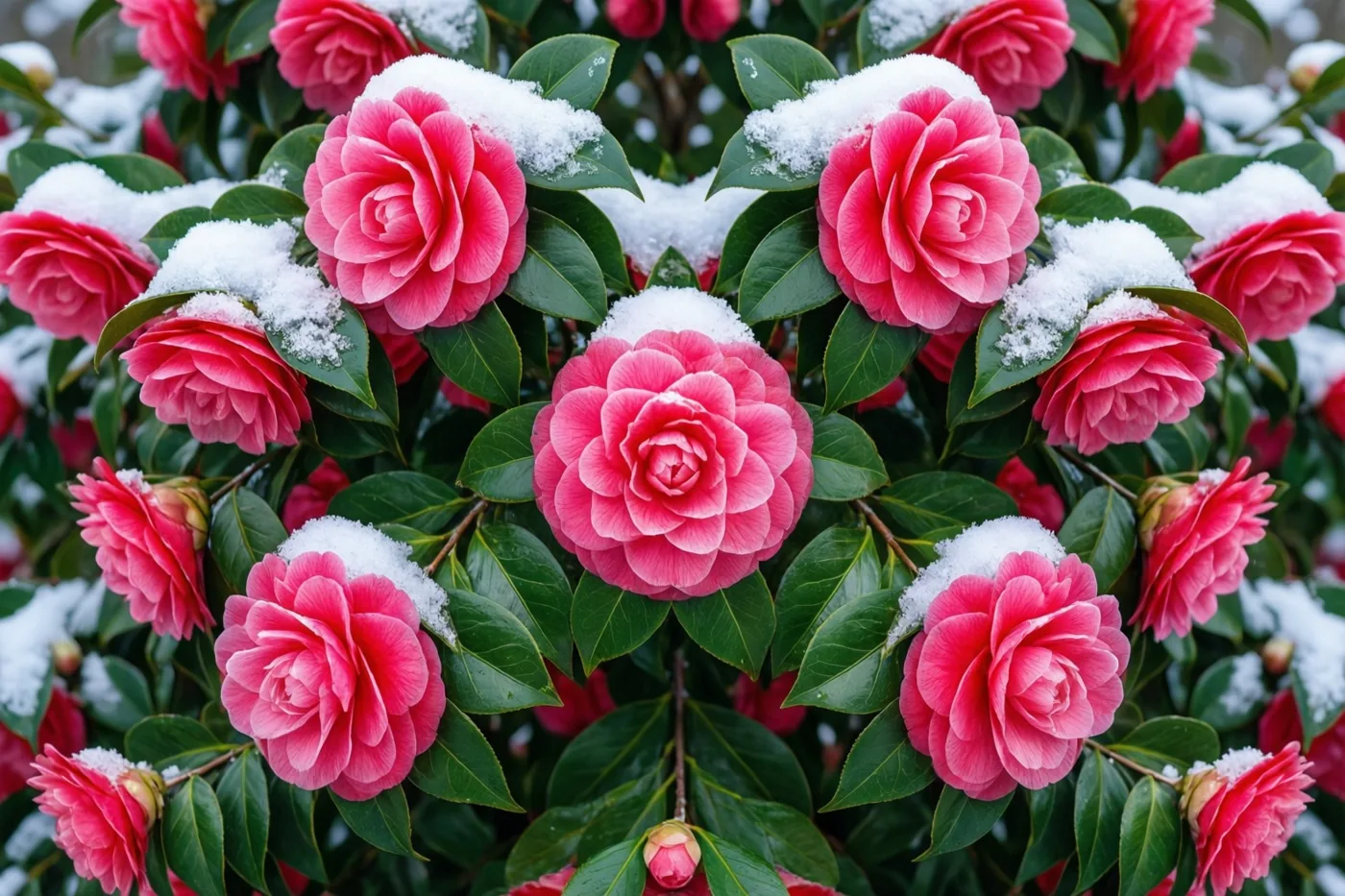 Een roze cameliastruik staat volop in bloei, met sneeuw op de glanzende groene bladeren.