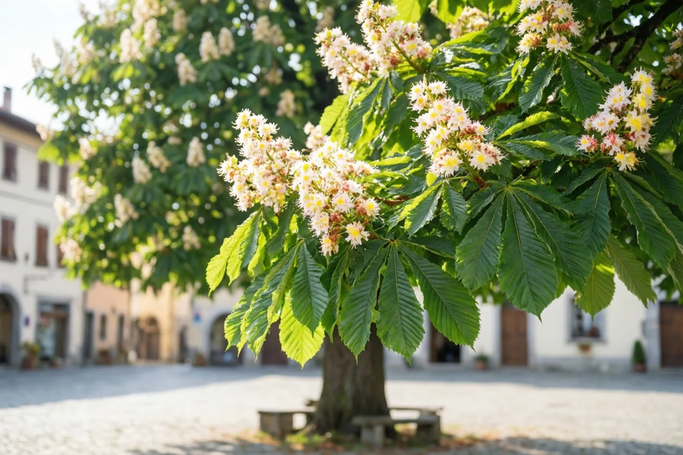 Een kastanjeboom met witte en gele bloemen en grote groene bladeren staat op een zonnig dorpsplein, met onscherpe gebouwen en kasseien op de achtergrond.