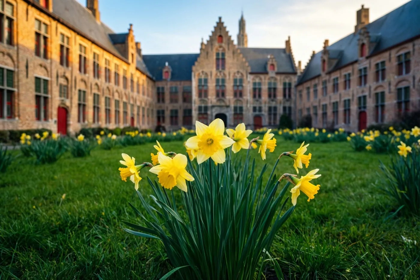 Narcissen bloeien in het groene gras op de binnenplaats van een oud Vlaams begijnhof in warm goudkleurig licht.