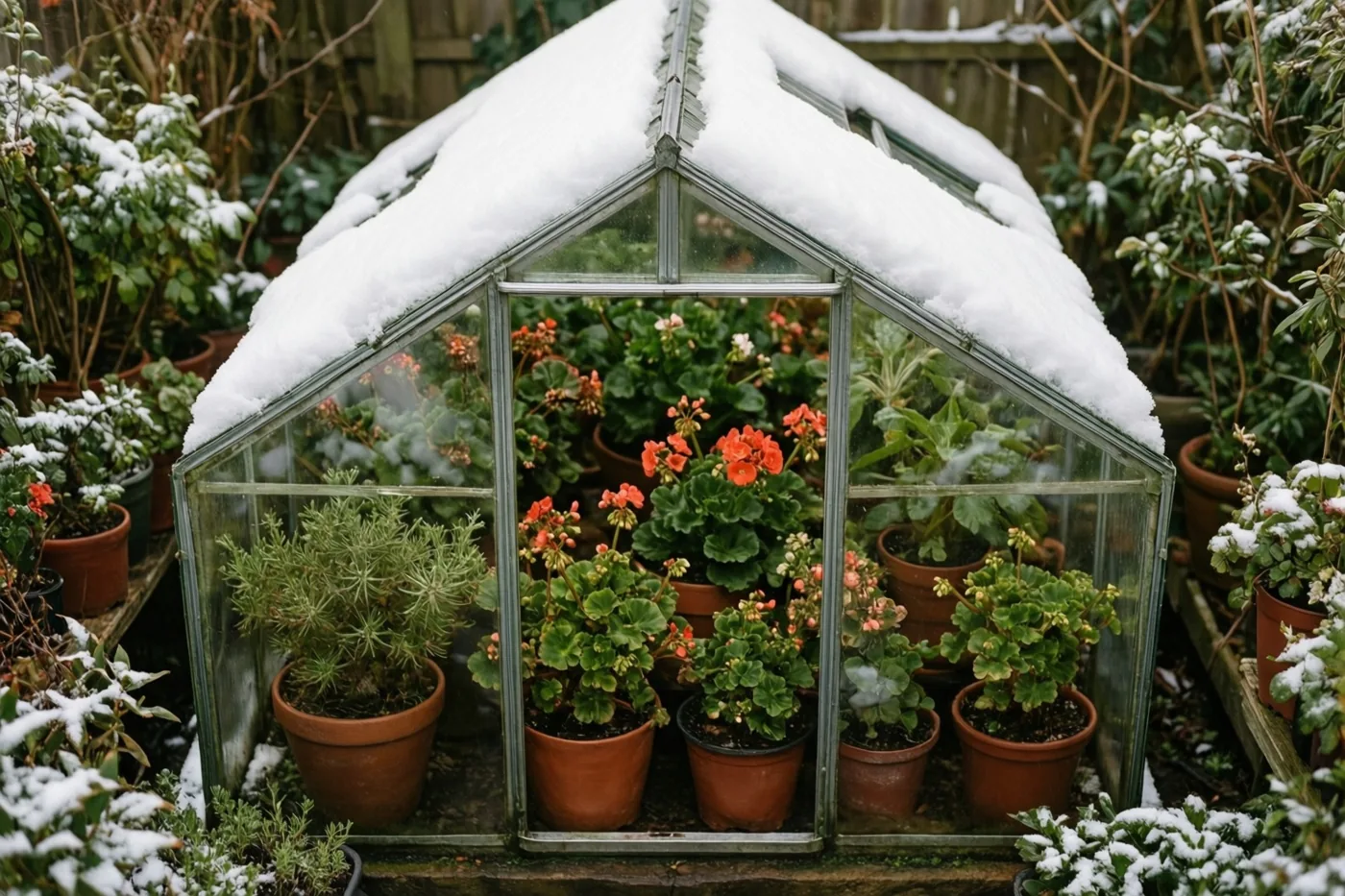 Een kleine glazen serre met sneeuw op het dak staat tussen besneeuwde tuinplanten en is gevuld met bloeiende planten in terracotta potten.