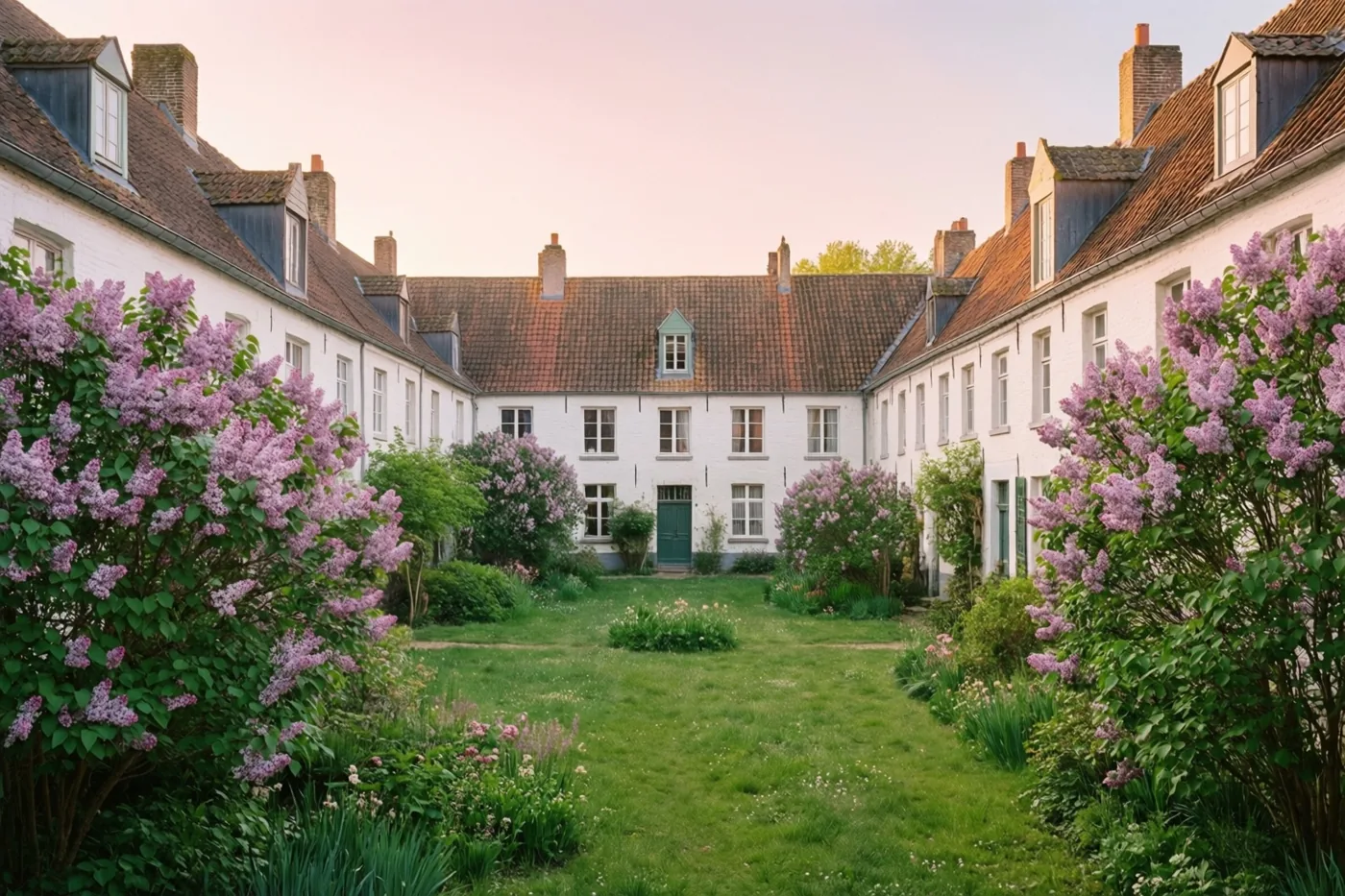 Een binnenhof met groen gras en bloeiende paarse seringen wordt omringd door witte huizen met bruine daken, in zacht roze en perzikkleurig licht.