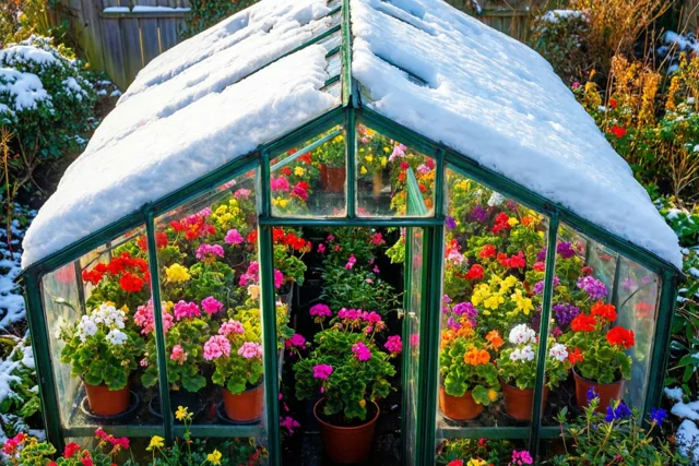 Bloemenweelde onder een sneeuwdak