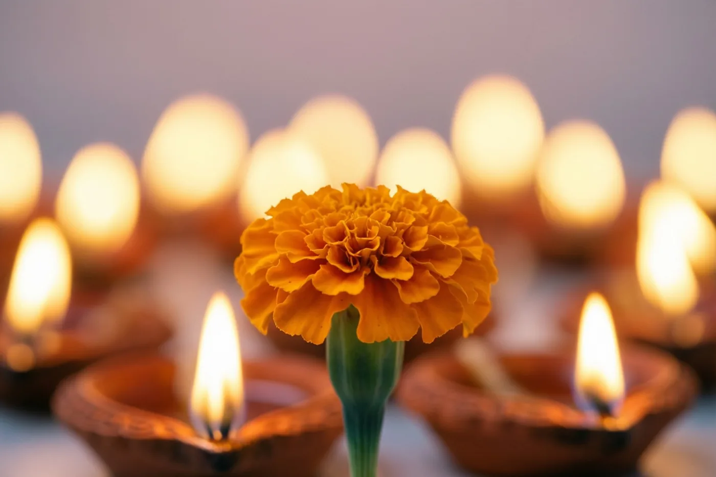 Een scherp afgebeelde oranje bloem staat op de voorgrond, met tientallen onscherpe gloeiende olielampjes in warme gouden en oranje tinten erachter.