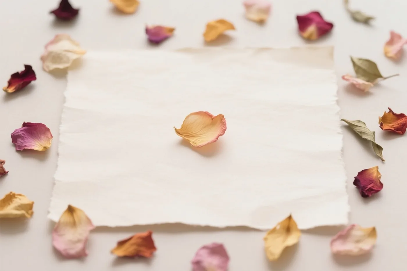 Op het midden van een vierkant vel handgeschept papier ligt één gedroogd bloemblaadje, met andere gekleurde blaadjes verspreid eromheen.