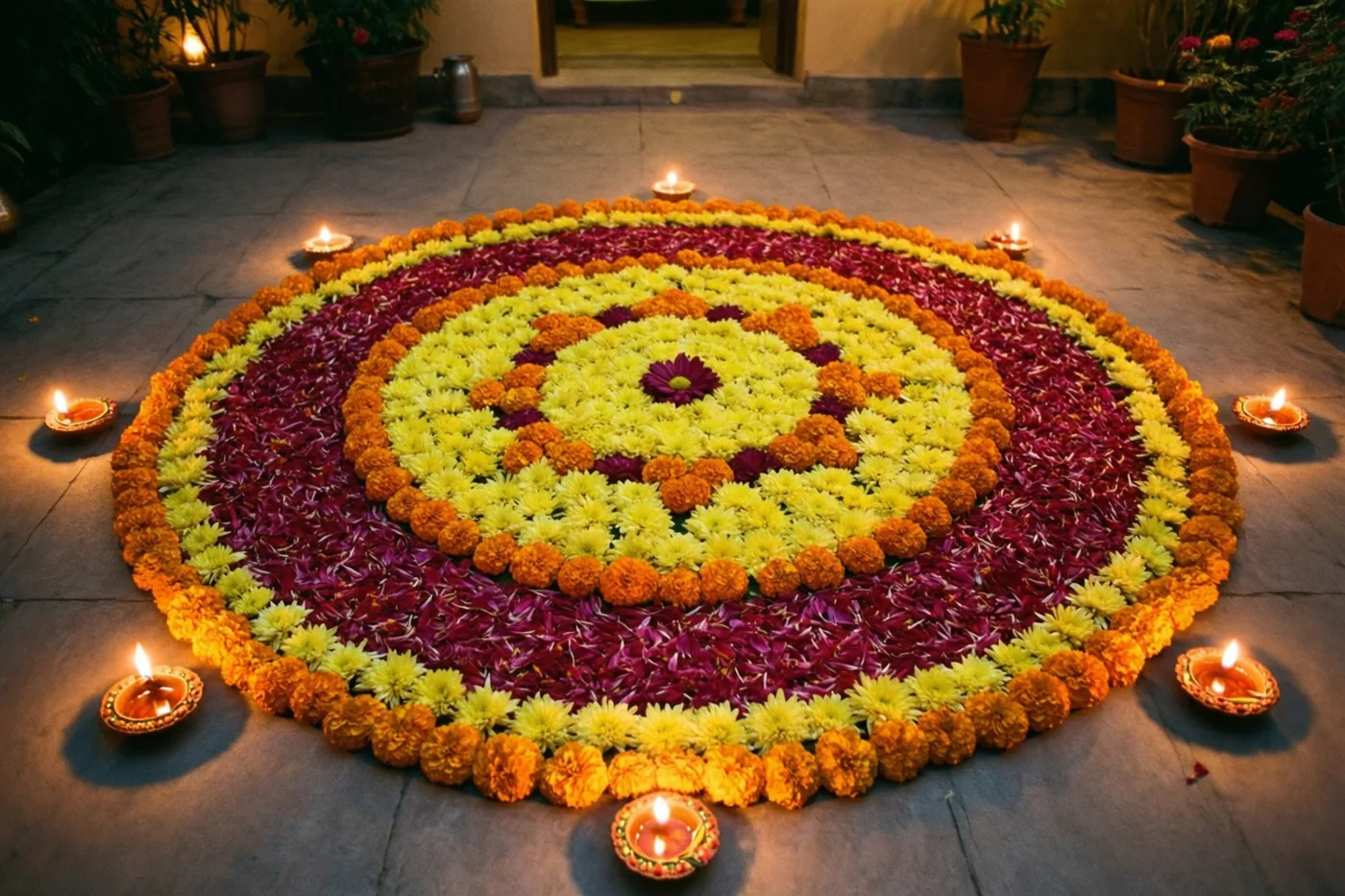 Een grote ronde rangoli van bloemblaadjes van chrysanten en afrikaantjes ligt in het avondlicht op een stenen binnenplaats, omringd door brandende olielampjes.