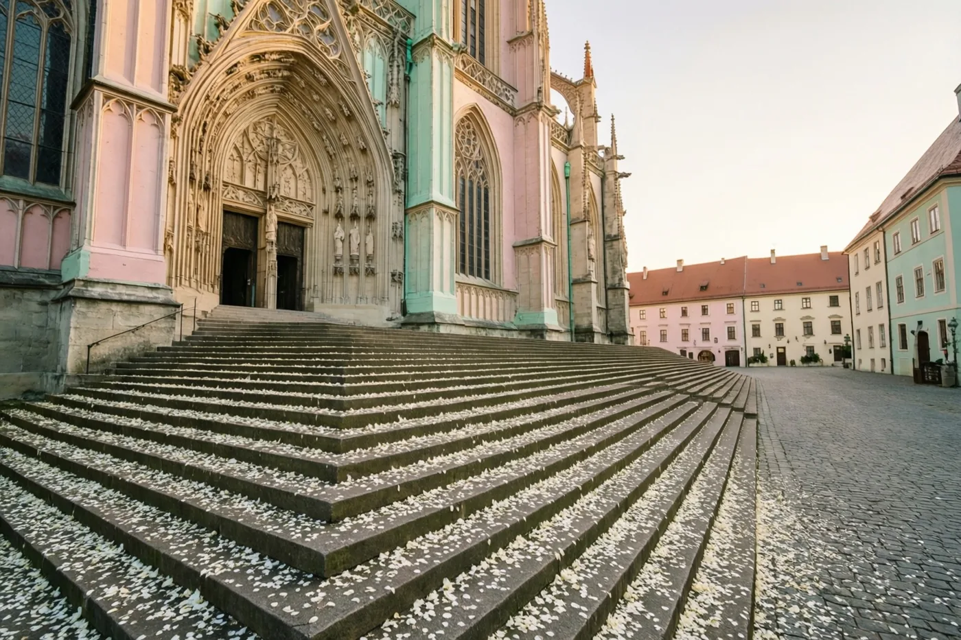 Een brede stenen trap met witte bloemblaadjes leidt naar een sierlijke gotische ingang aan een stadsplein met pastelkleurige gebouwen onder een zachte, warme lucht.