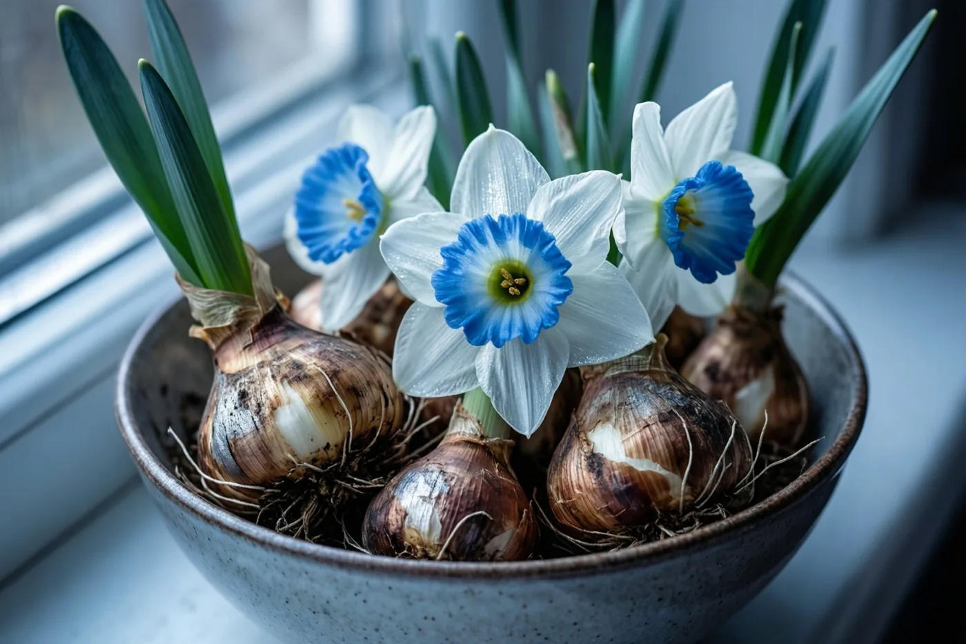 Een keramische schaal met narcissenbollen, groene stengels en witte bloemen met blauwe harten staat op een vensterbank in zacht natuurlijk licht.