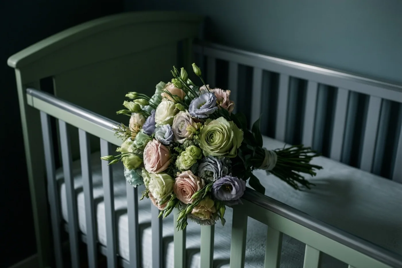 Een boeket pastelkleurige bloemen ligt op de rand van een leeg babybedje in zacht licht met gedempte groene, lavendelkleurige en crèmekleurige tinten.