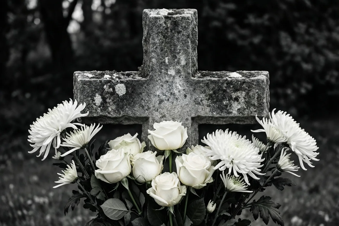 Een zwart-witfoto toont een verweerd stenen kruis op een begraafplaats, versierd met een boeket witte rozen en chrysanten.