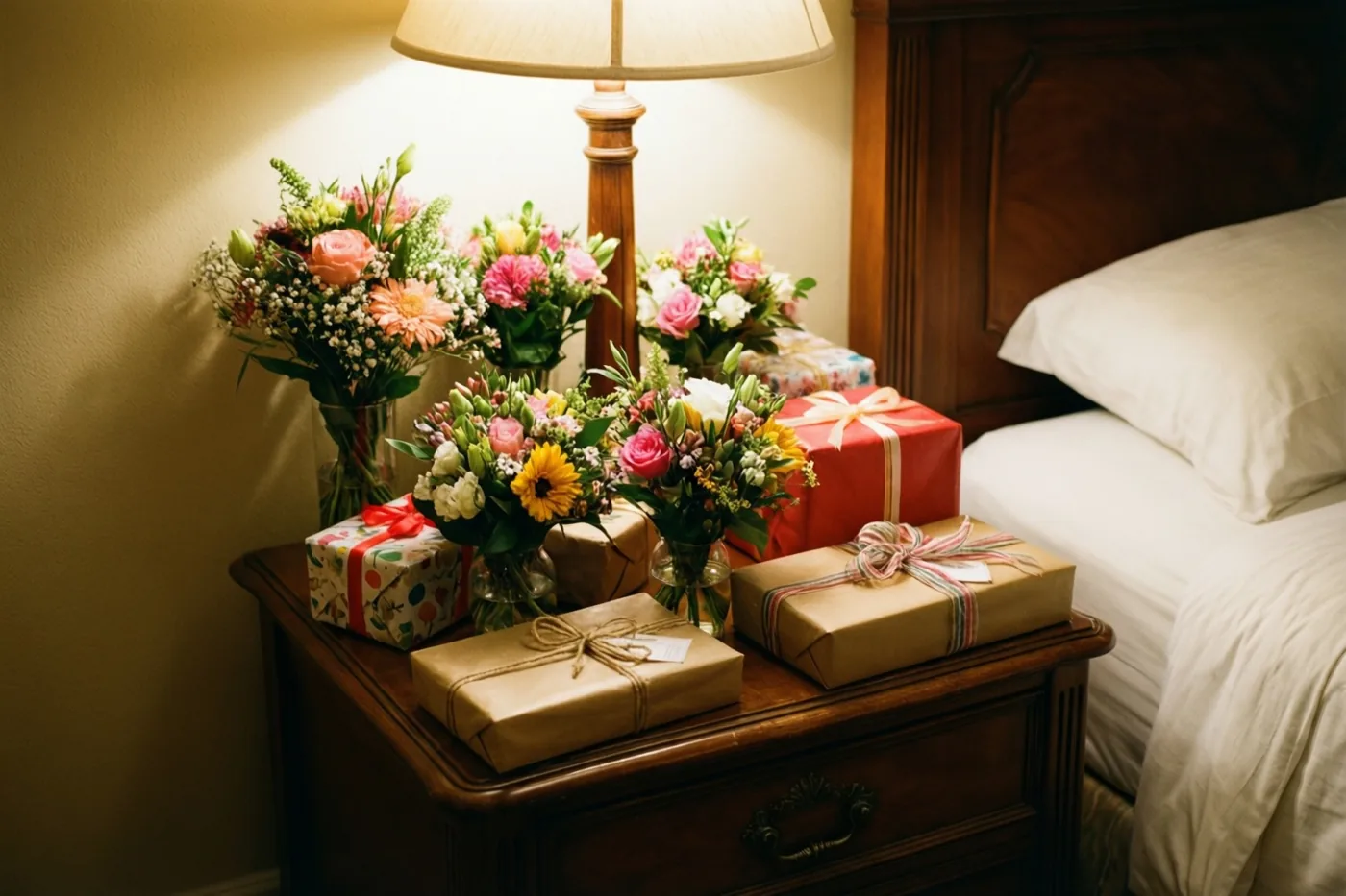 Een houten nachtkastje met kleurrijke boeketten in glazen vazen en ingepakte cadeaus staat naast een wit opgemaakt bed in warm lamplicht.
