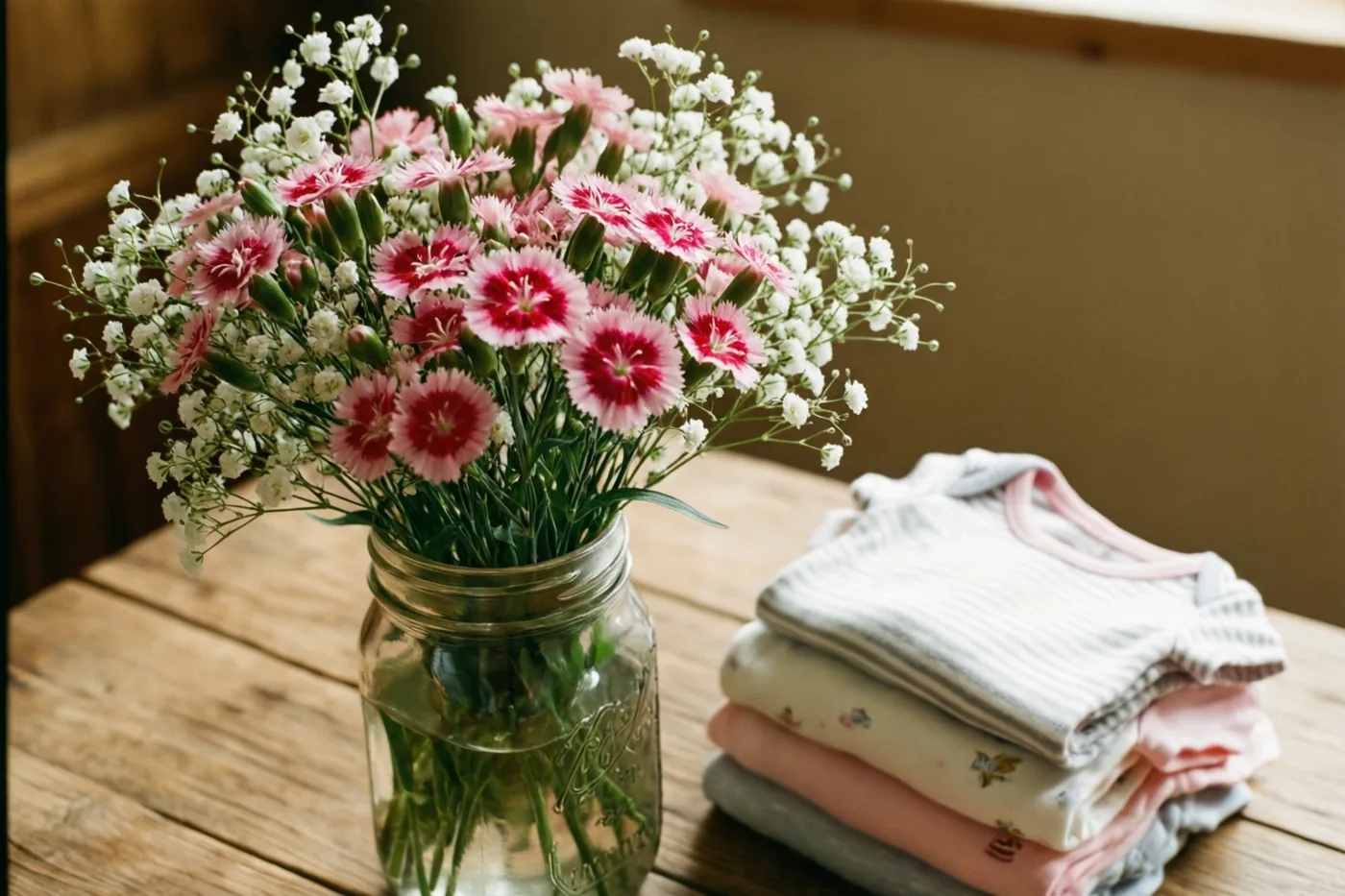 Een glazen pot met roze en witte bloemen staat op een houten tafel naast een stapel opgevouwen babybody’s in zacht, warm licht.