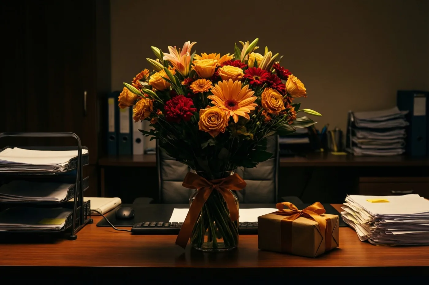 Een boeket oranje, rode en gele bloemen in een glazen vaas met een bruin lint staat naast een ingepakt cadeau met bijpassend lint op een houten bureau vol papier en kantoorgerief.