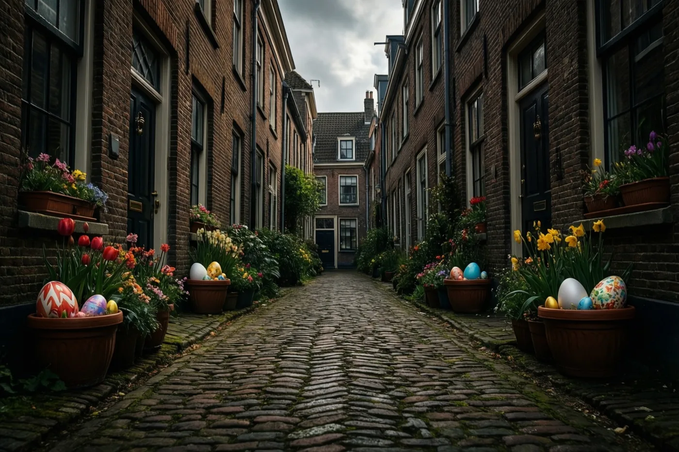 Een smal kasseisteegje met bakstenen huizen heeft bij elke voordeur bloempotten met kleurrijke paaseieren en bloeiende bloemen onder een bewolkte hemel.