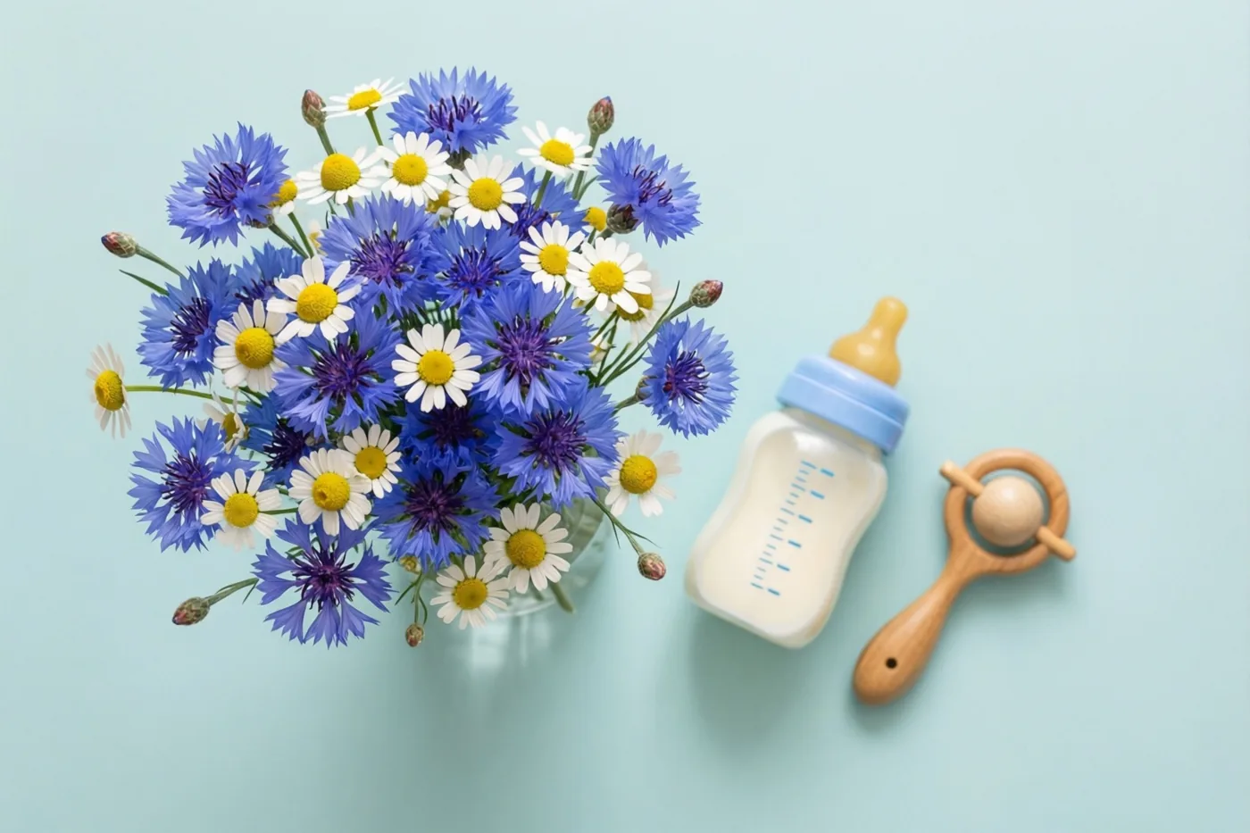 Van bovenaf zijn blauwe korenbloemen, witte madeliefjes, een babyfles en een houten rammelaar te zien op een lichtblauwe ondergrond.