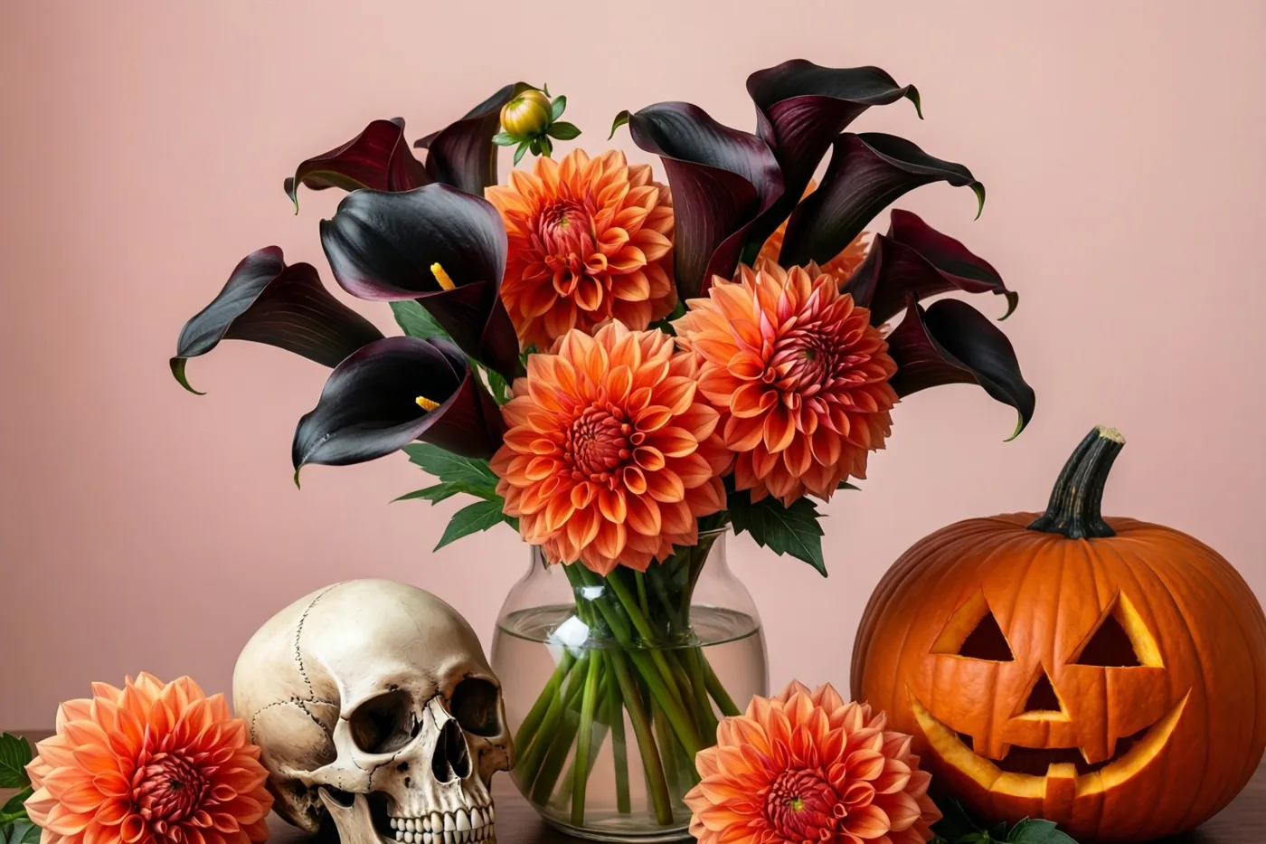 Een glazen vaas met zwarte calla's en oranje dahlia's staat naast een mensenschedel en een uitgesneden pompoen op hout tegen een zachtroze achtergrond.