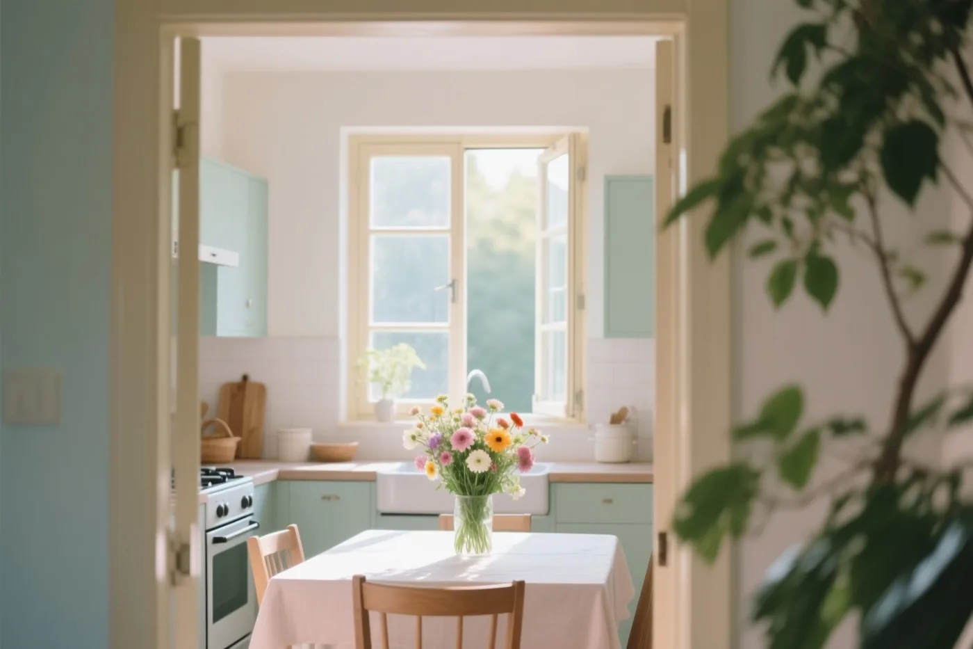 Een open deuropening geeft zicht op een zonnige keuken met pastelgroene kasten, witte tegels en een vaas kleurrijke bloemen op een tafel met een wit tafelkleed.