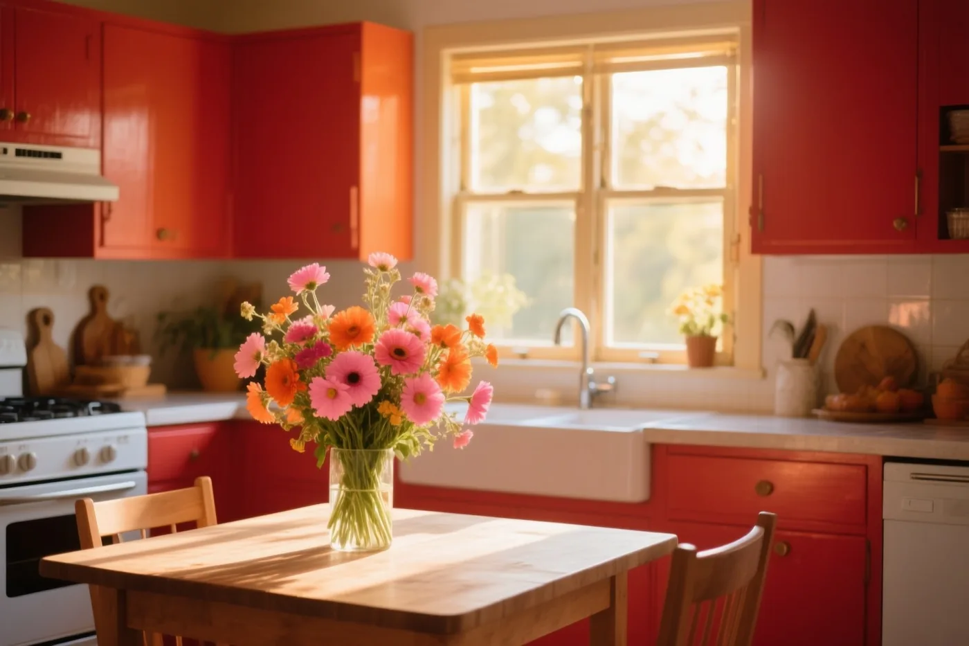 Een vaas met roze en oranje bloemen staat op een houten tafel in een zonnige keuken met rode kasten.