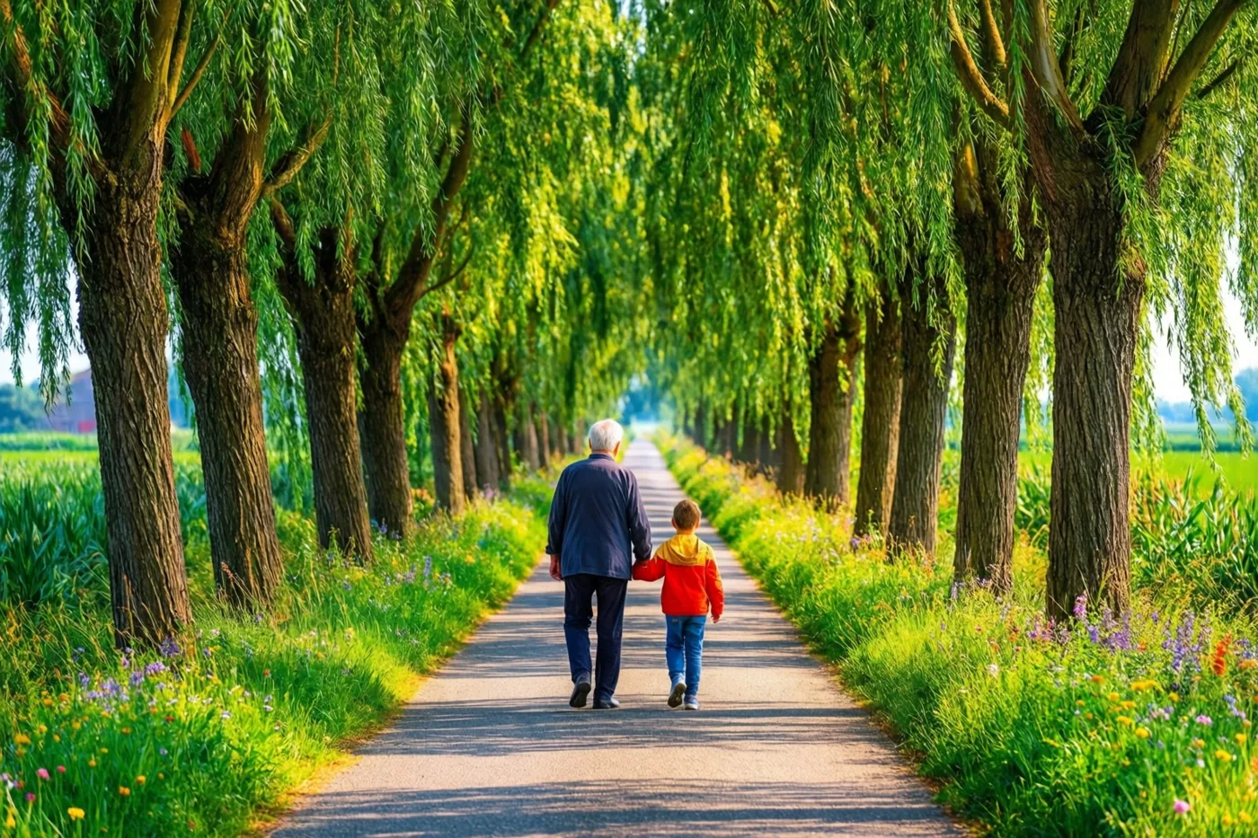 Een oudere persoon en een klein kind wandelen hand in hand over een verhard pad met knotwilgen, van achteren gezien in fel zonlicht met groen en kleurrijke wilde bloemen langs het pad.