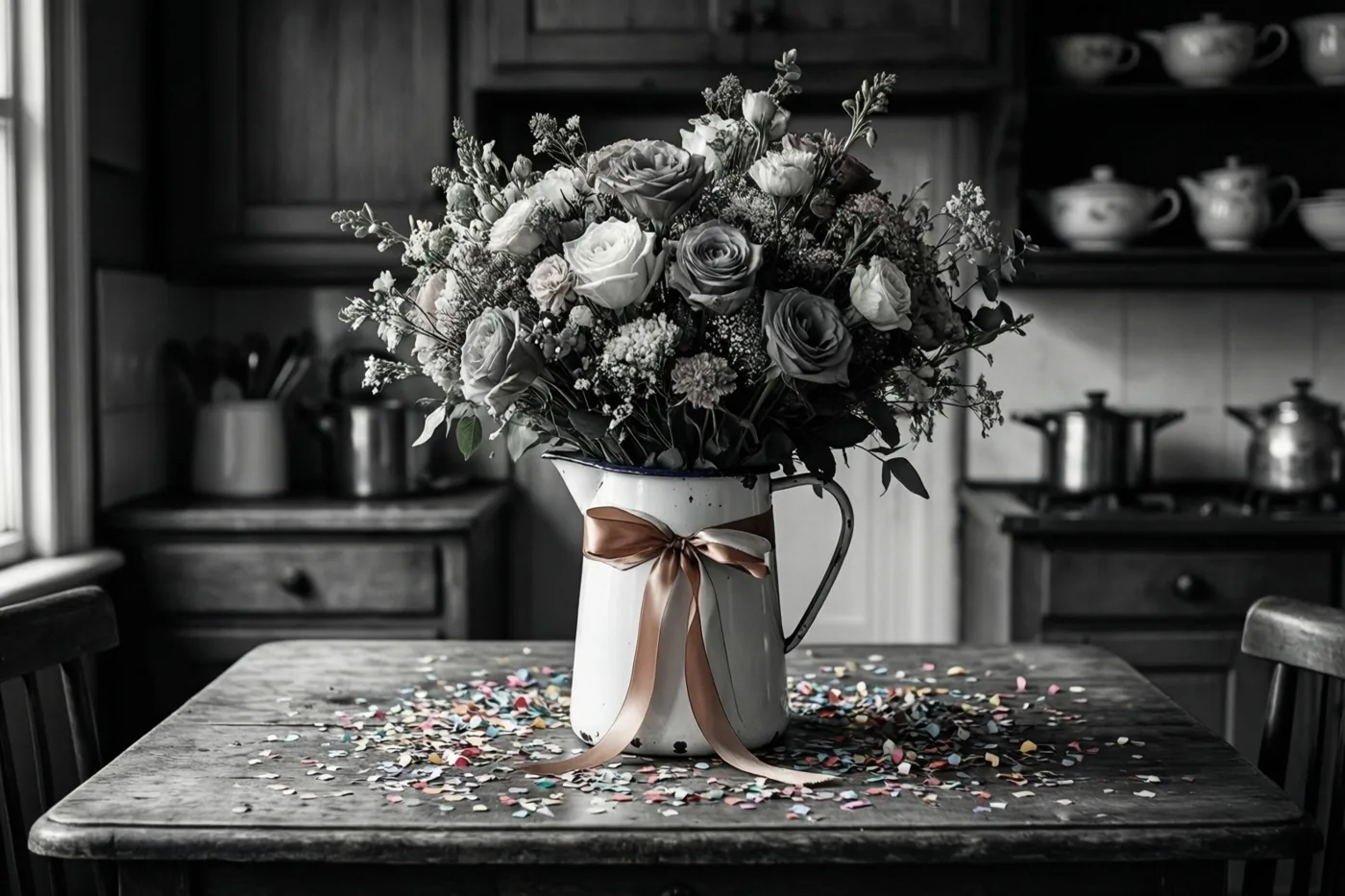 Een groot boeket in een oude emaille kan met een lint staat op een keukentafel met confetti, in een landelijke keuken met houten kasten en theepotten op rekken, waarbij alleen het lint en de confetti gekleurd zijn.