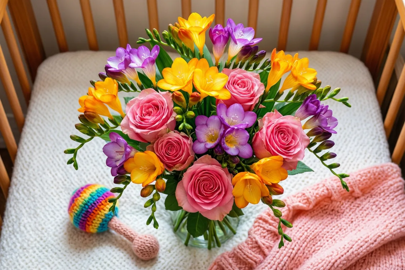 Een doorzichtige vaas met roze trosrozen en kleurrijke freesia's staat op een witte deken in een houten babybedje, naast een gebreide rammelaar in regenboogkleuren en een roze gebreide deken.