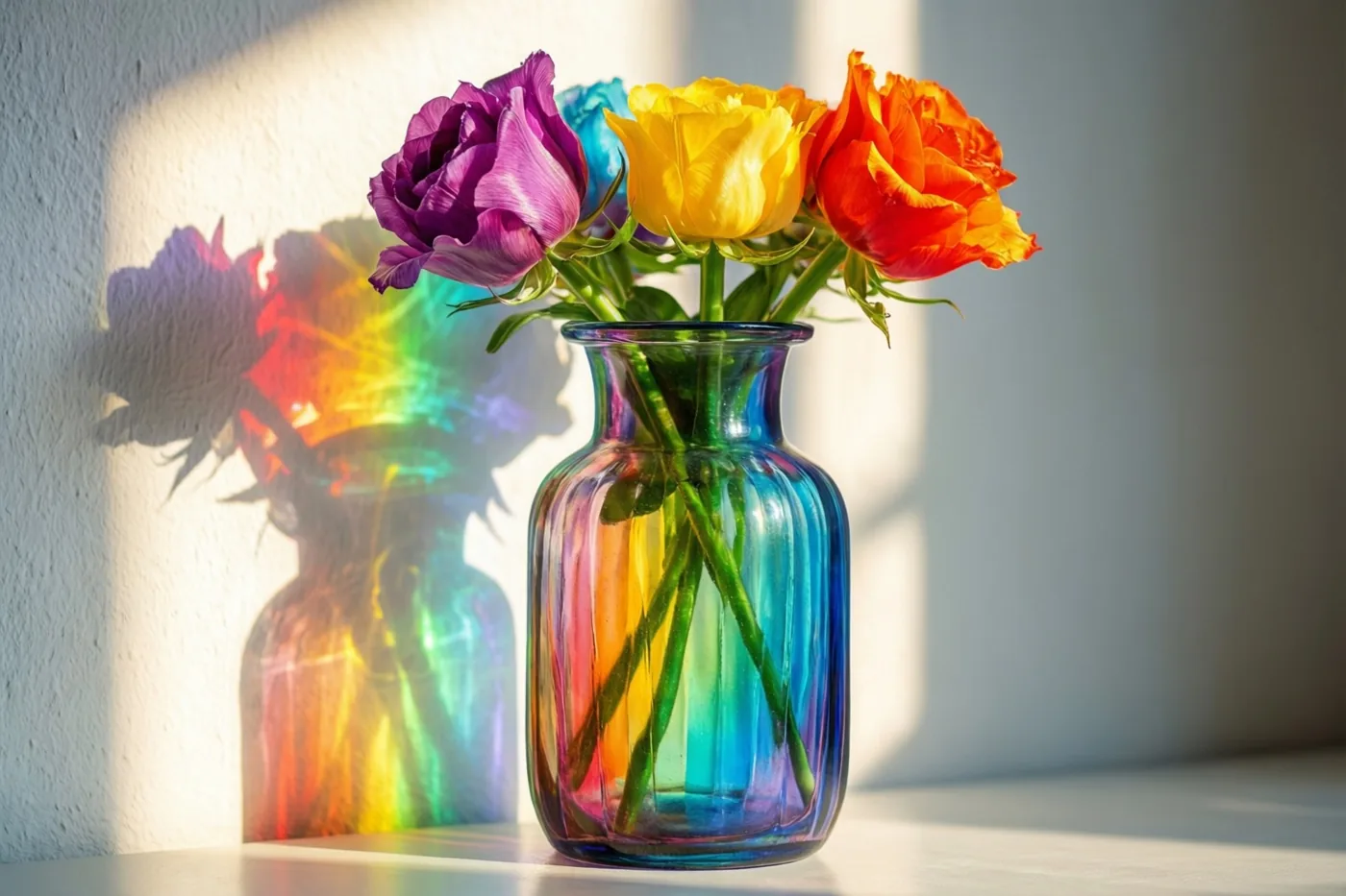 Een kleurrijke glazen vaas met bloemen in regenboogkleuren staat op een wit oppervlak en werpt in fel zonlicht een regenboogschaduw op de witte muur erachter.