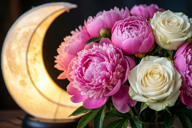 Een close-up toont roze pioenen en witte rozen naast een brandende maanlantaarn in zacht roze, wit en warmgeel licht.