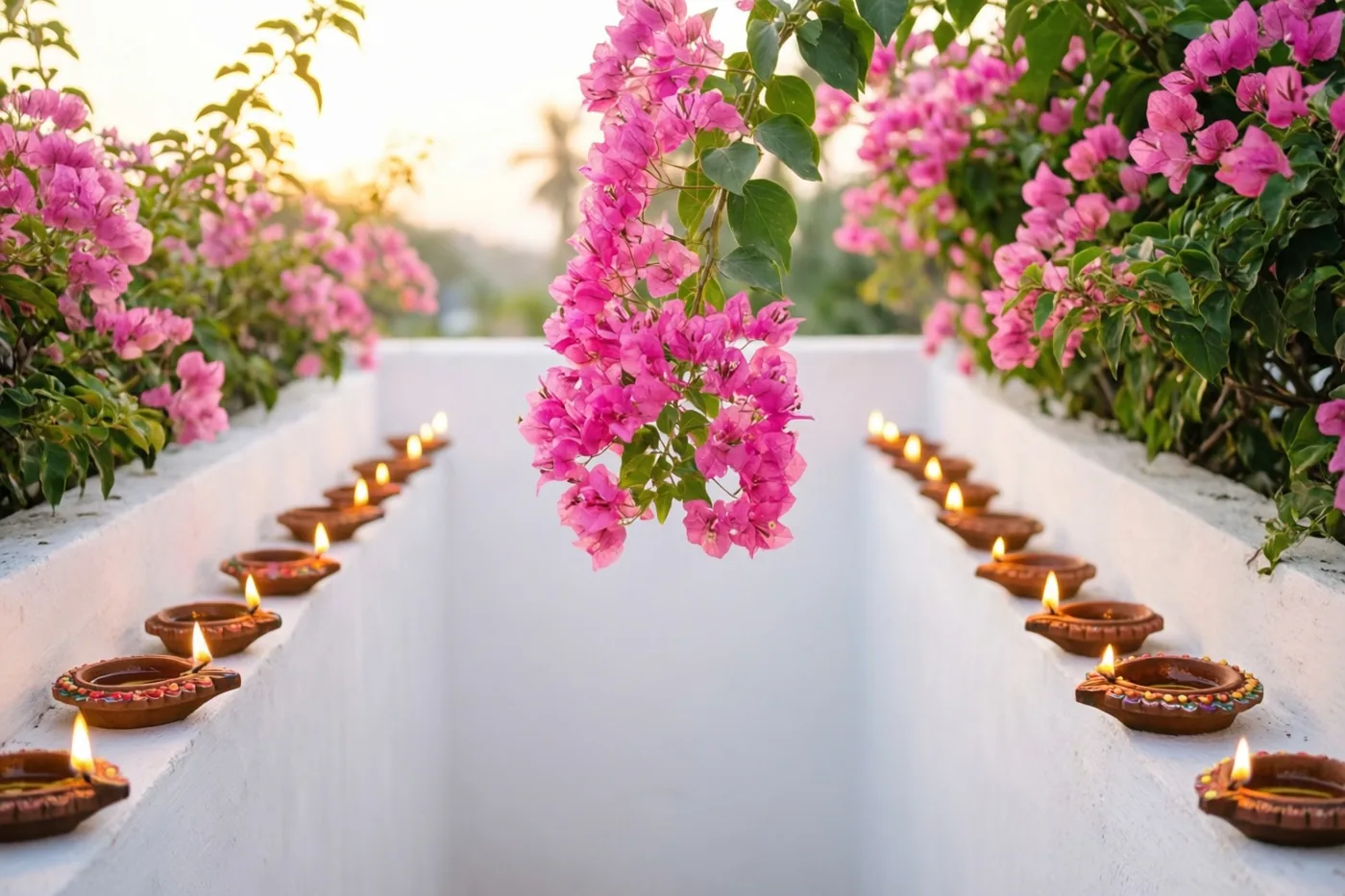 Roze bougainvilleabloemen hangen bij schemering over een witte muur met een rij brandende olielampjes, tussen zachte roze en groene tinten.