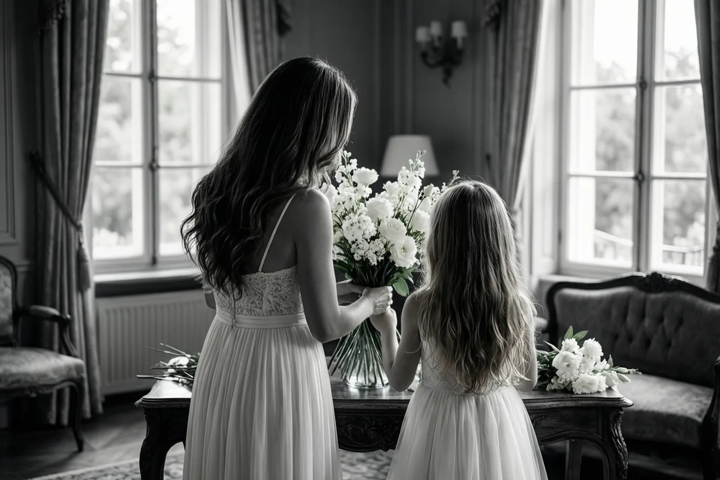 Een zwart-witfoto toont een moeder en dochter van achteren terwijl ze een boeket witte bloemen schikken op een houten tafel in een elegante, zonnige kamer.
