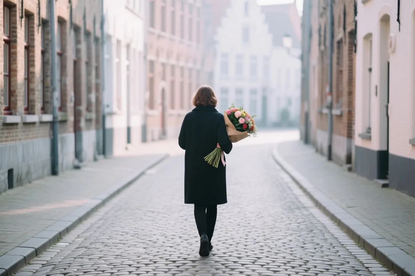 Een persoon in een zwarte jas loopt met een kleurrijk boeket door een smal kasseistraatje met historische bakstenen gebouwen.