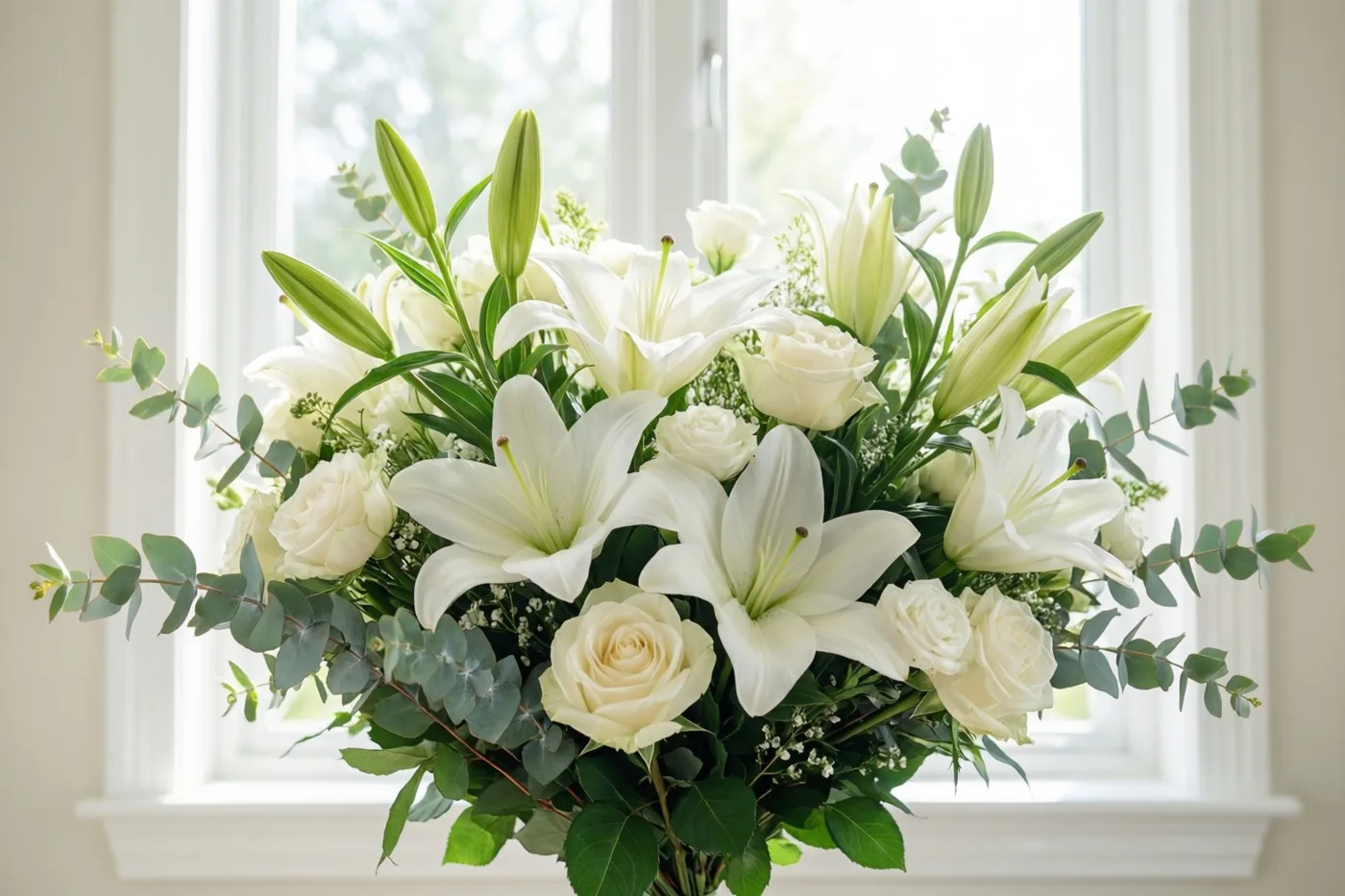Een boeket witte lelies, witte rozen en eucalyptus staat voor een helder raam in zacht natuurlijk licht.