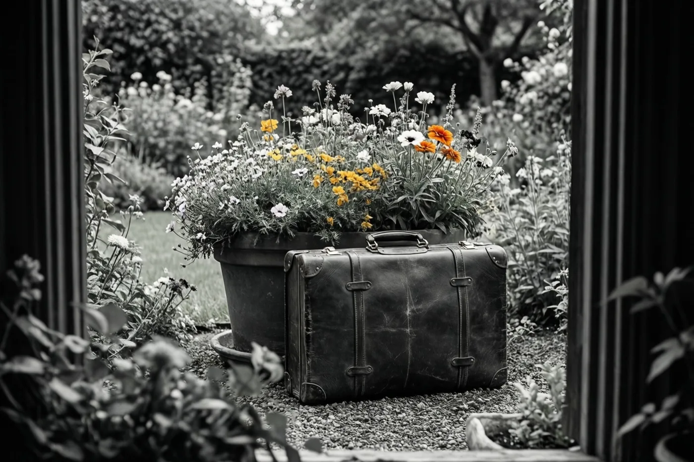 Door een raam is een oude leren aktetas vol kleurrijke bloemen in een tuin te zien, waarbij de bloemen kleur behouden tegen een zwart-witte achtergrond.