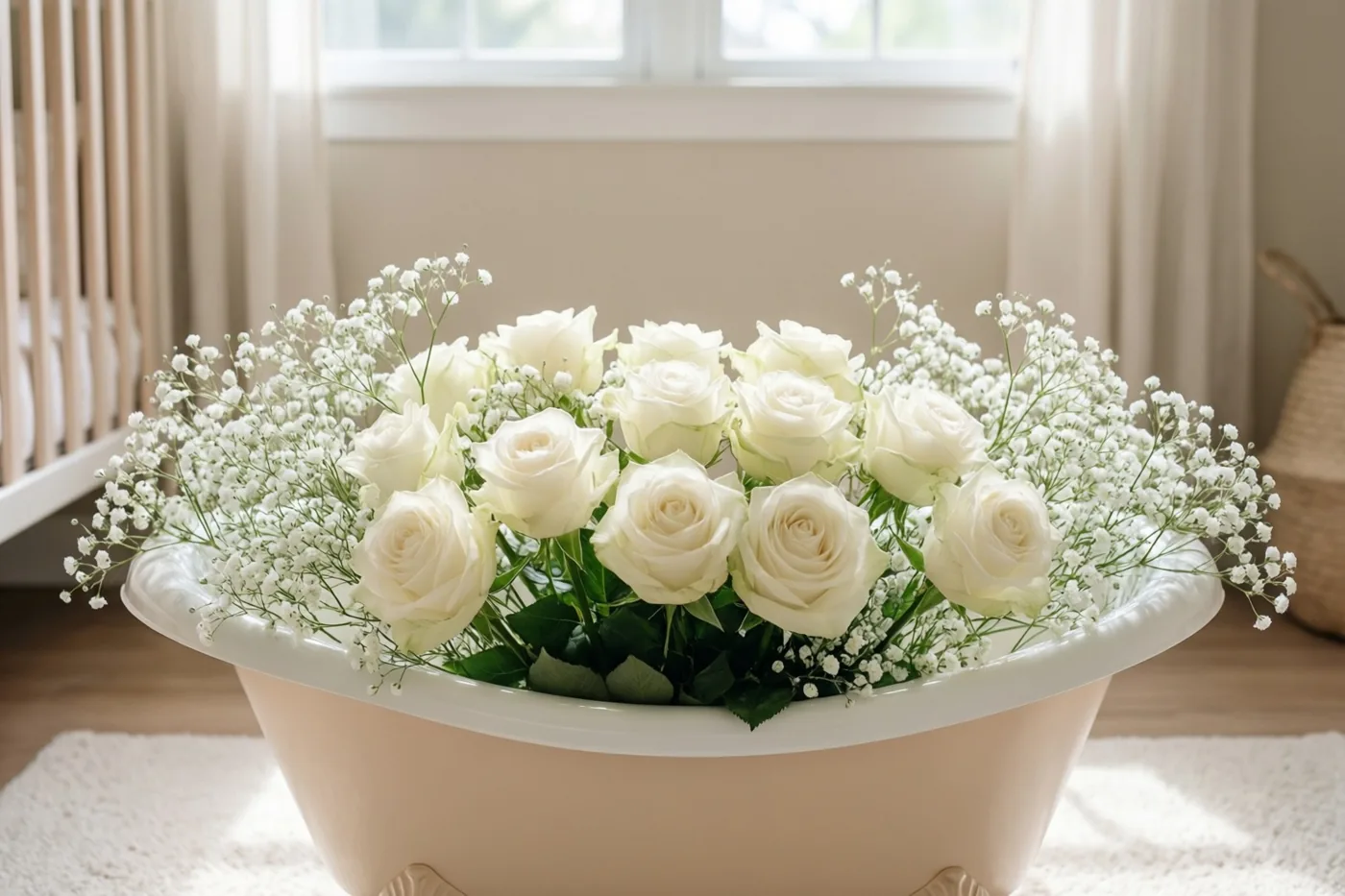 Een klein babybadje vol witte rozen en gipskruid staat op een wit tapijt in een zonnige babykamer met beige muren en gordijnen.