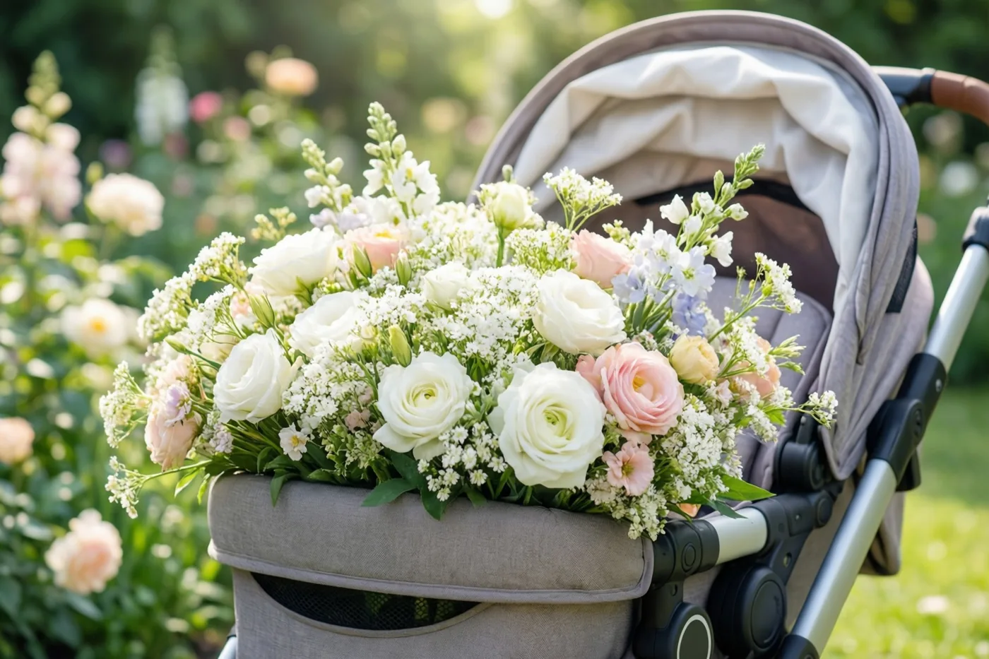 Een kinderwagen met een boeket witte en pastelkleurige bloemen staat in een zonnige tuin met een onscherpe achtergrond in wit, zachtroze en groen.