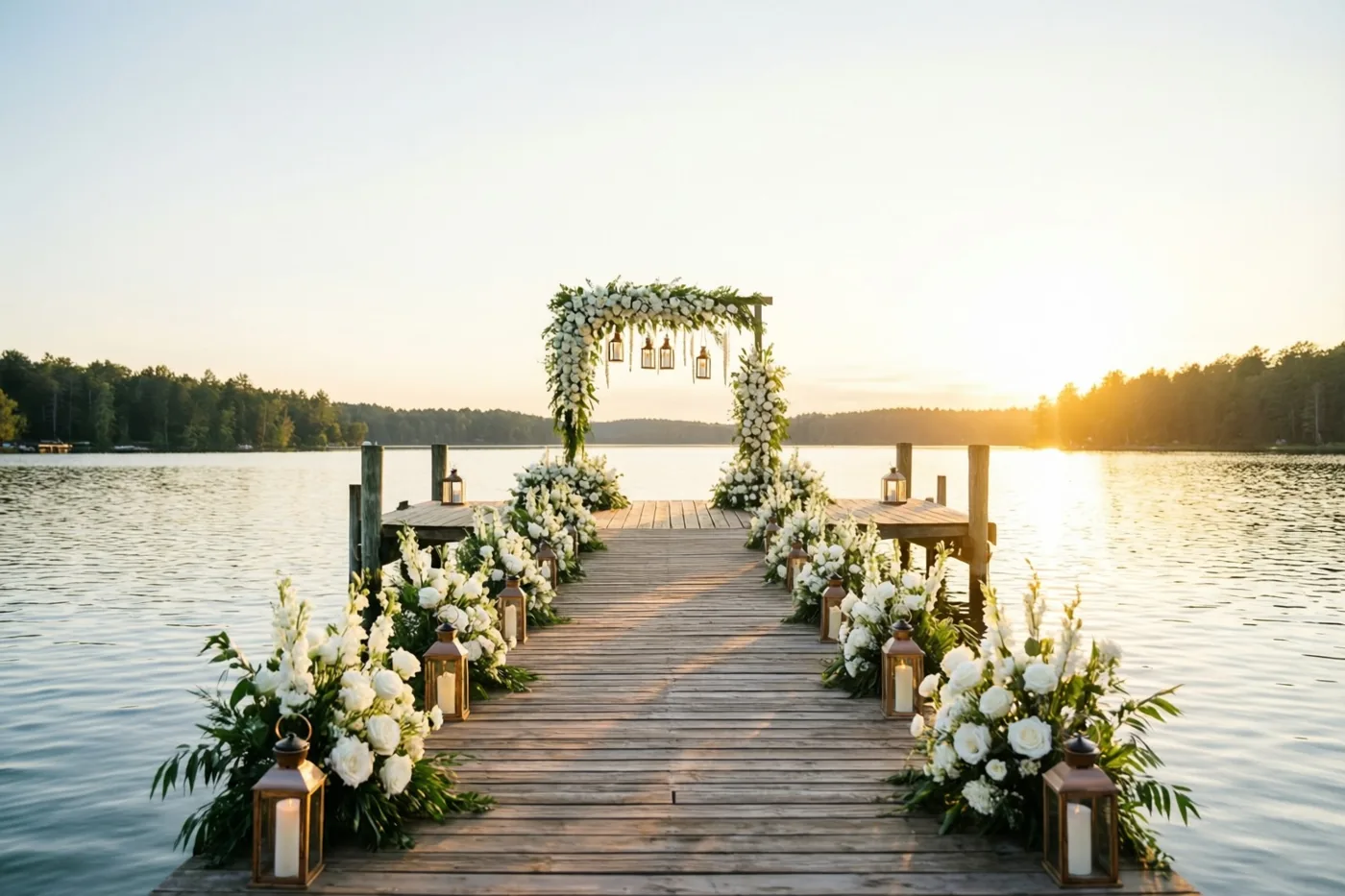 Een houten steiger loopt over een rustig meer naar een boog met witte bloemen en hangende lantaarns bij een gouden zonsondergang.