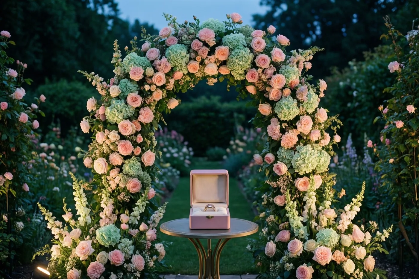 Een boog van roze rozen en groene hortensia’s staat bij schemering in een tuin, met een open roze ringdoosje op een klein rond tafeltje eronder.