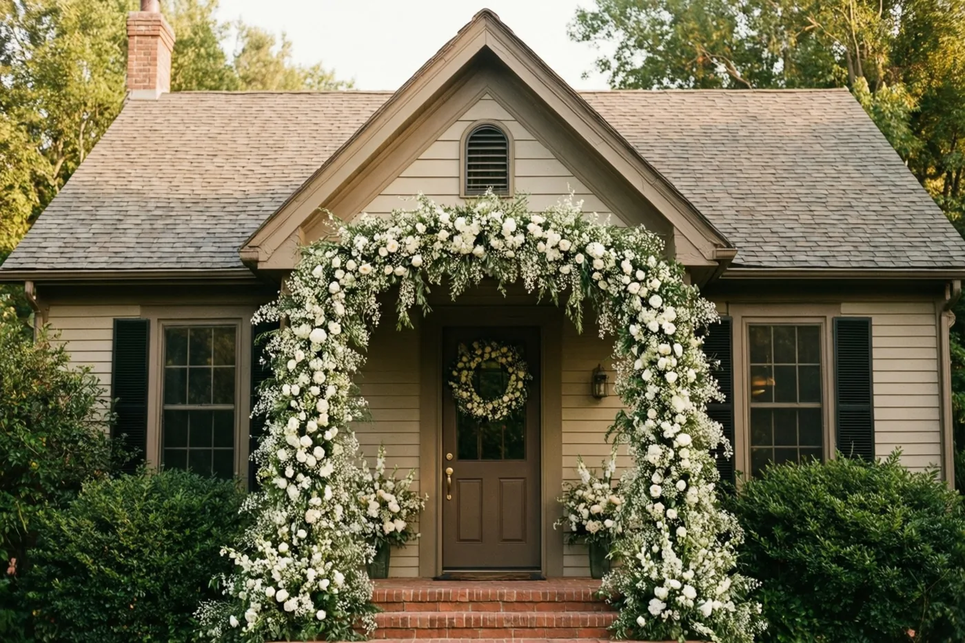 Grote witte bloemenslingers vormen een boog boven de ingang van een huis met een trapgevel en een bloemenkrans aan de deur, in een groene tuin met warm natuurlijk licht.