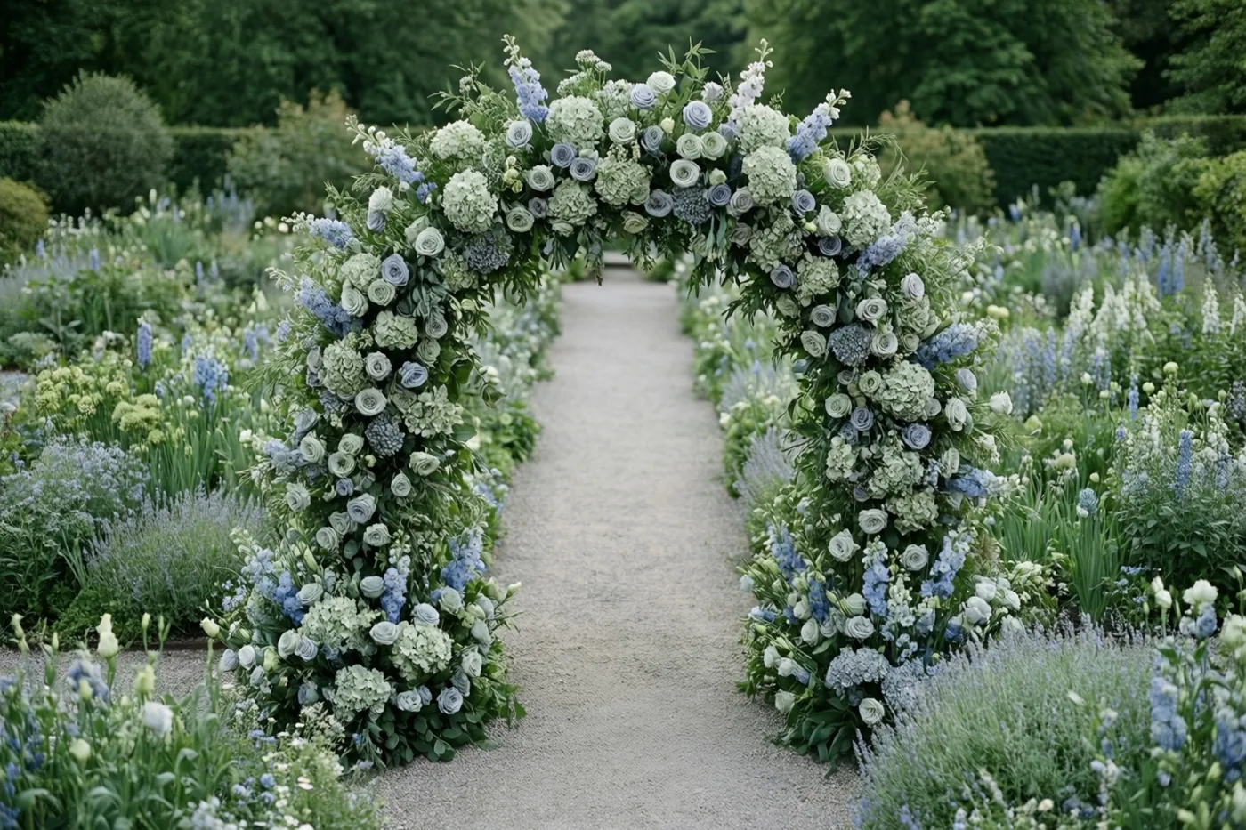 Een boog van blauwe, groene en witte bloemen staat boven een grindpad in een groene tuin met bloemen en bomen.